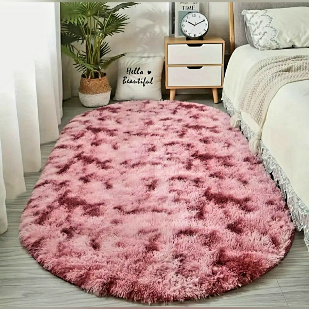Plush Shag Area Rug - Red/Pink Ombre Tie-Dye -Oval